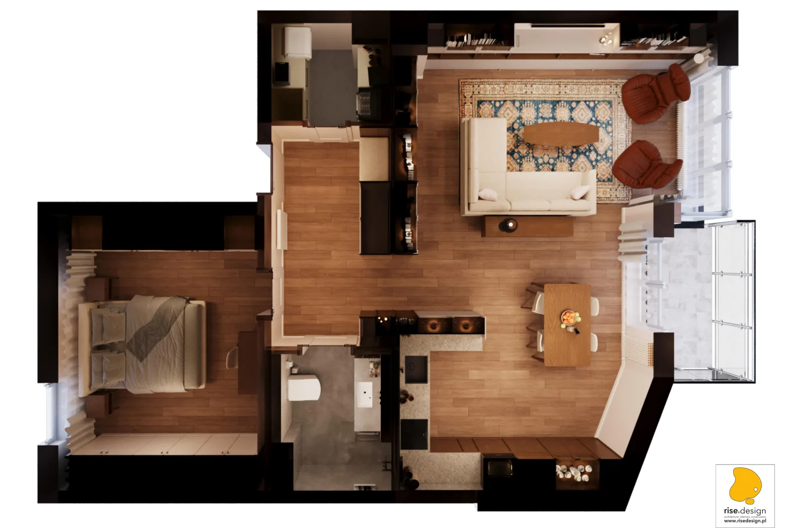 Hero: living room and kitchen panorama with full-height dark glass bookcase, walnut TV wall unit, oak dining table, and integrated kitchen beyond