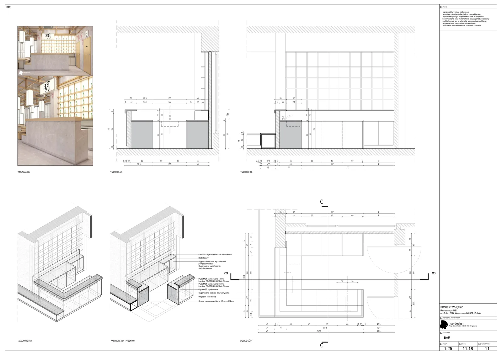 Drawing: bar counter and furniture construction detail showing concrete-rendered masonry base with Egger H1582 Buk Ellmau beech laminate, backlit display grid, and dimensional specifications