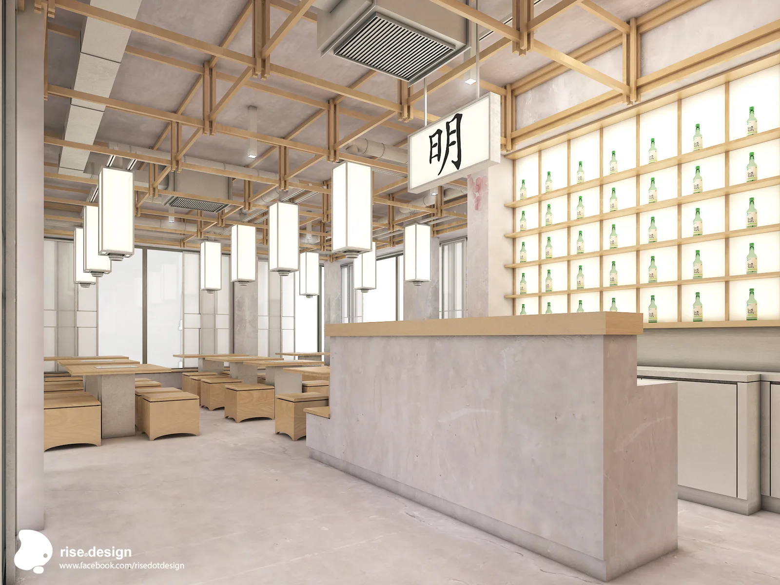 Interior: bar counter render with backlit soju bottle display wall, framed Ming character neon lightbox, beech timber cladding, and concrete-rendered service counter