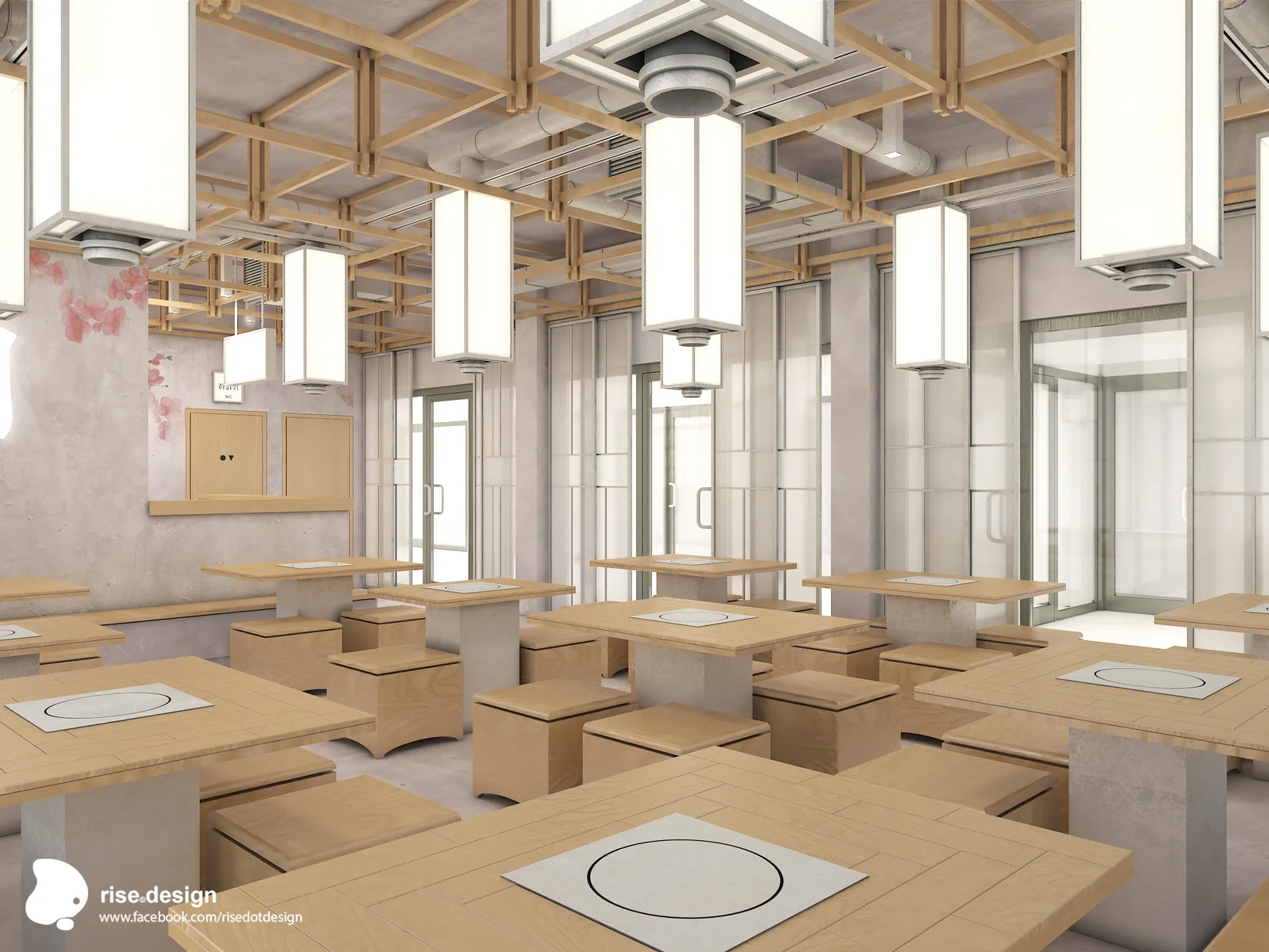 Interior: dining room render from alternate angle showing wall treatment, pine timber lattice ceiling grid, Korean BBQ tables, and warm ambient paper lantern lighting
