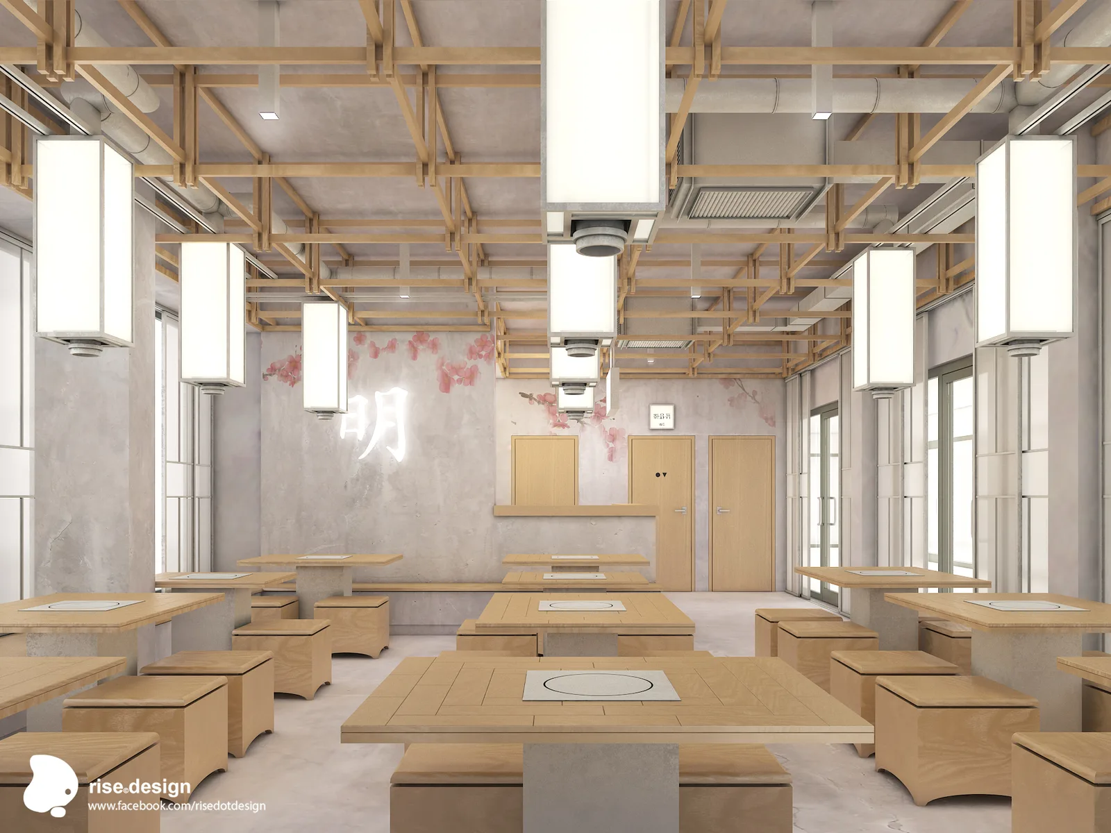 Interior: main dining hall render showing pine timber lattice ceiling grid with hanging rectangular paper lanterns, individual BBQ ventilation hoods above each table, and communal Korean BBQ seating