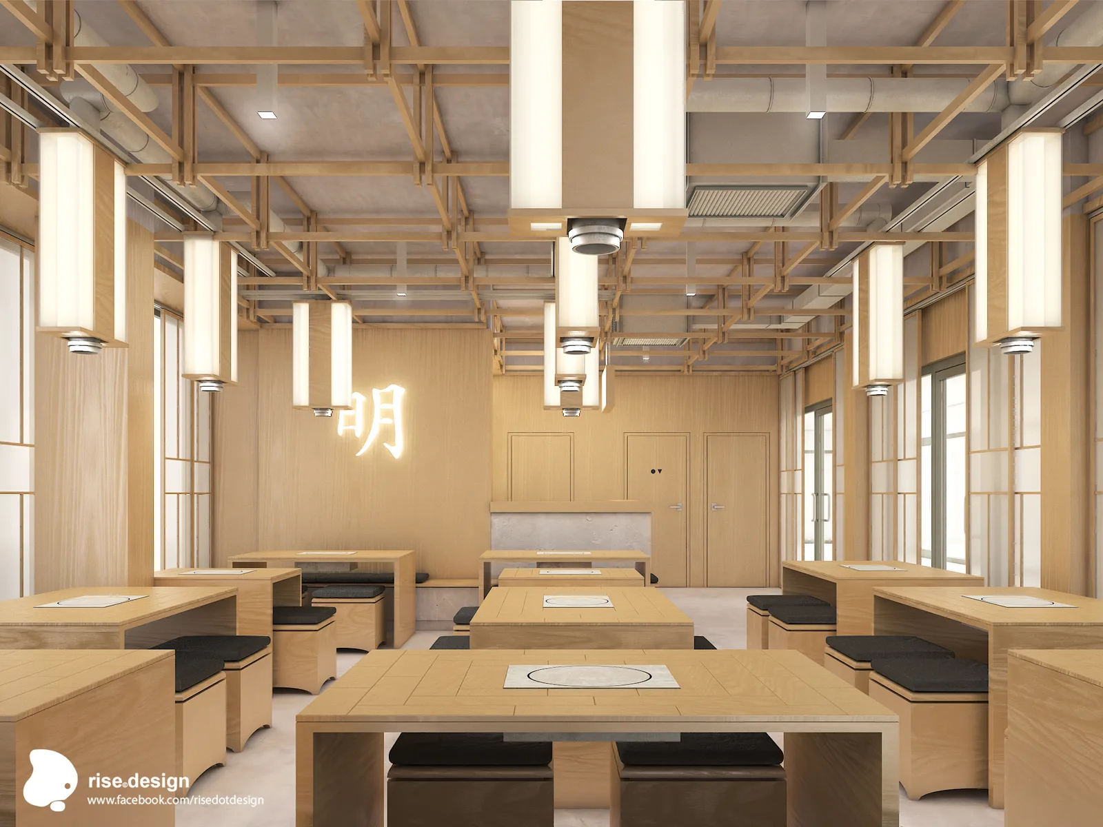 Interior: dining area render showing timber lattice ceiling, bar counter visible in background, warm paper lantern lighting, and spatial layout of the 61 square metre Korean restaurant