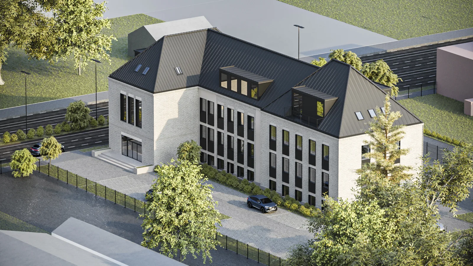 Gallery: front facade long elevation render in red brick variant showing the former industrial building with standing seam metal roof, modern dormers, landscaped approach, and preserved chimney behind
