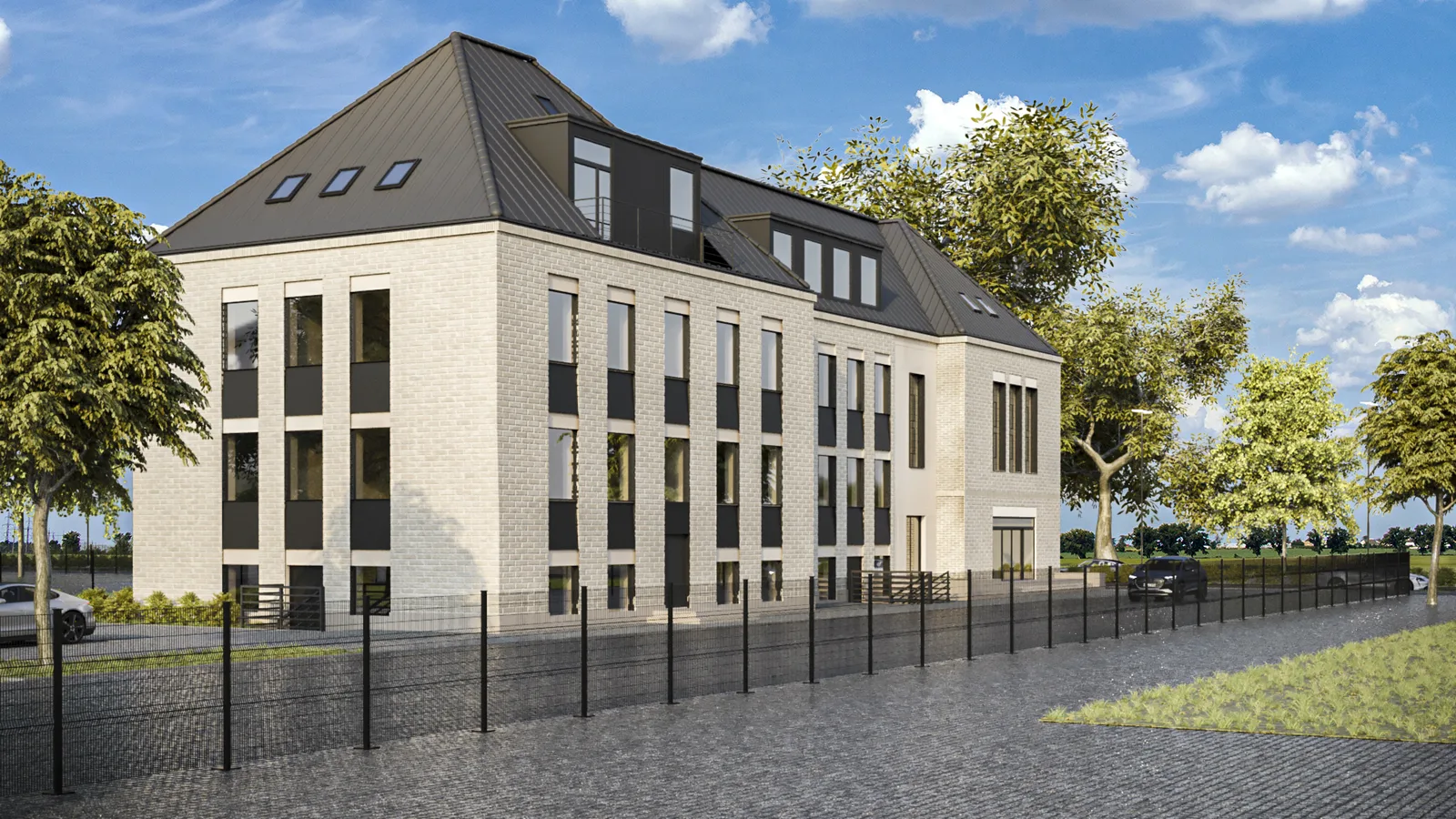 Gallery: street facade render from across cobblestone road showing atmospheric red brick character with dramatic vertical gable-end glazing, metal roof with dormers, and industrial chimney landmark