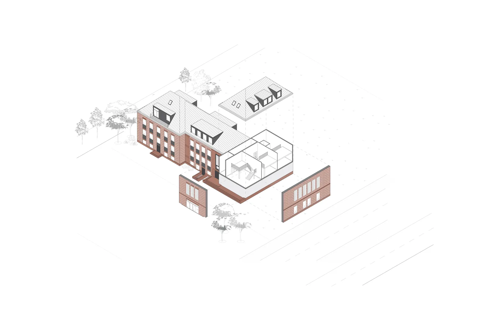 Hero: exploded isometric axonometric presentation drawing showing building split into segments revealing exterior brick facade with transparent interior cutaway displaying staircase, apartment layouts, and dual-level spatial organization