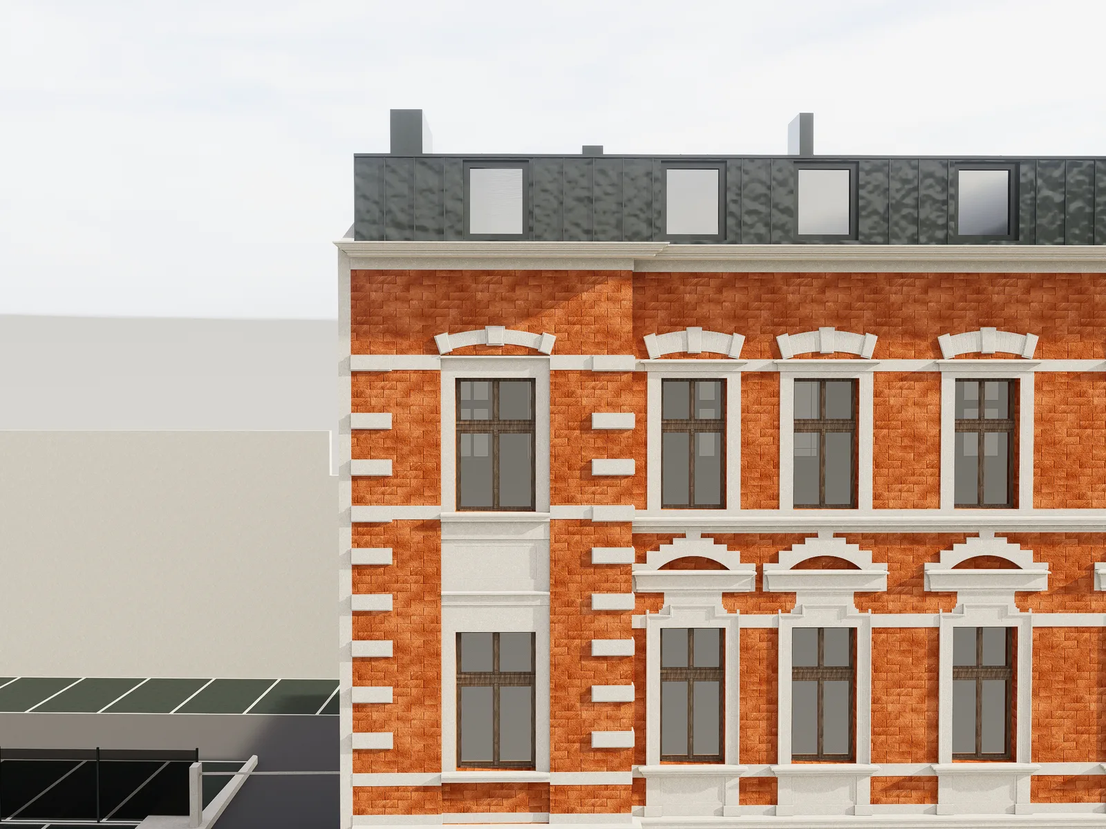 Exterior: Grottgera 5 dormer window brick detail render showing new roof dormer additions with contemporary brick detailing on heritage building
