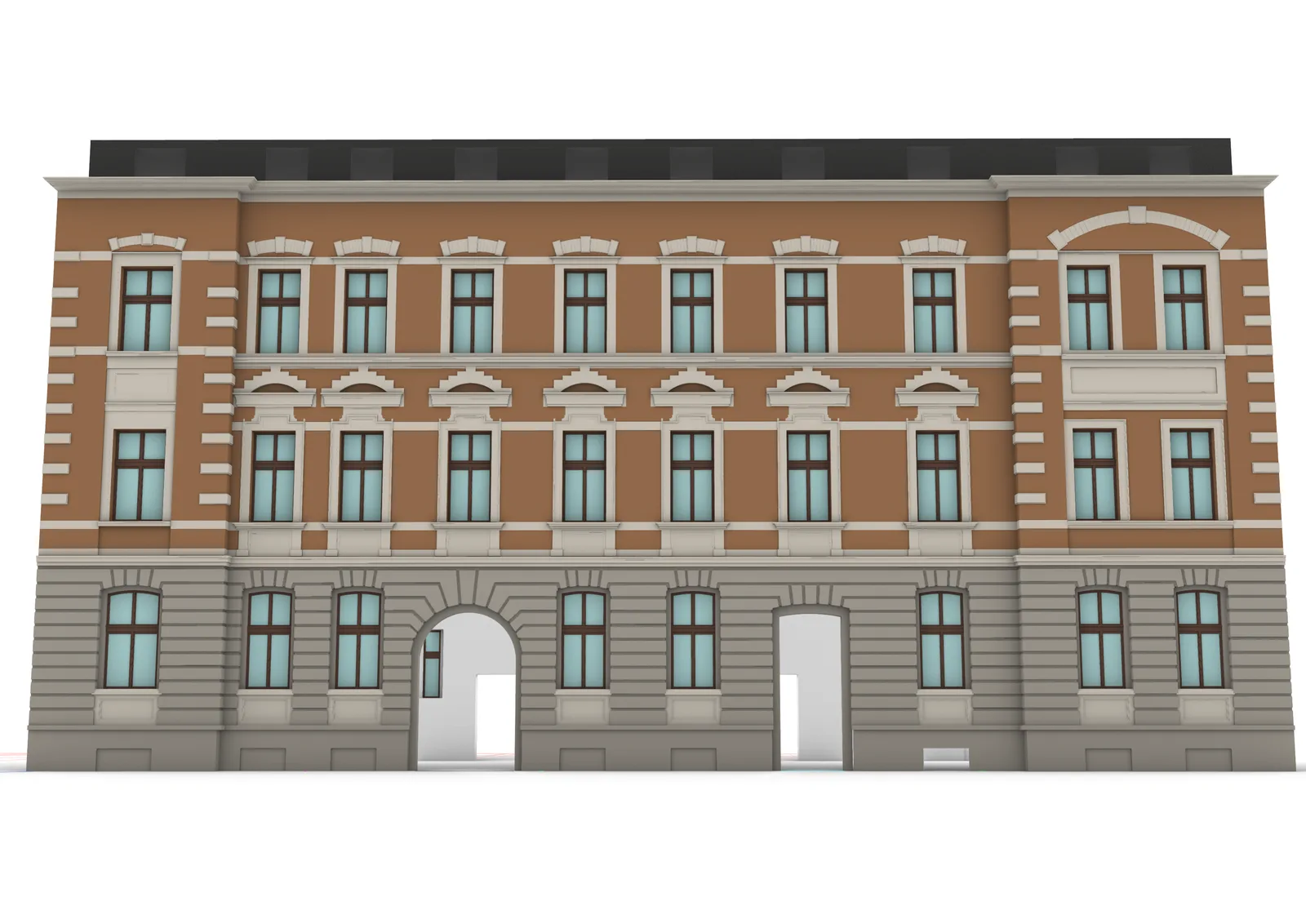 Drawing: Grottgera 5 heritage facade 3D model technical document showing facade restoration approach with brick and stone element analysis