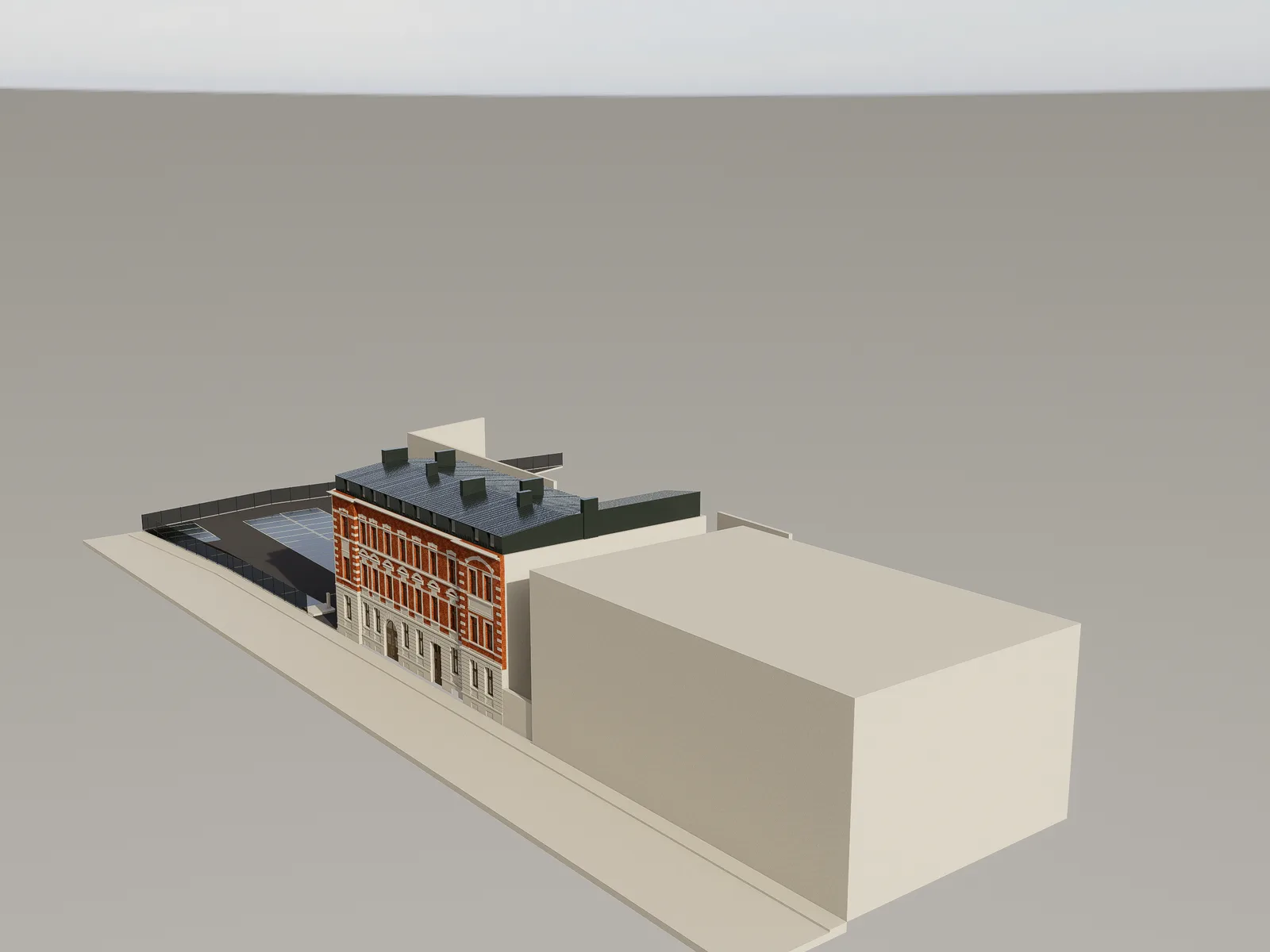 Exterior: Grottgera 5 aerial bird-eye render showing rooftop with new dormer additions, courtyard behind, and Bydgoszcz neighborhood context