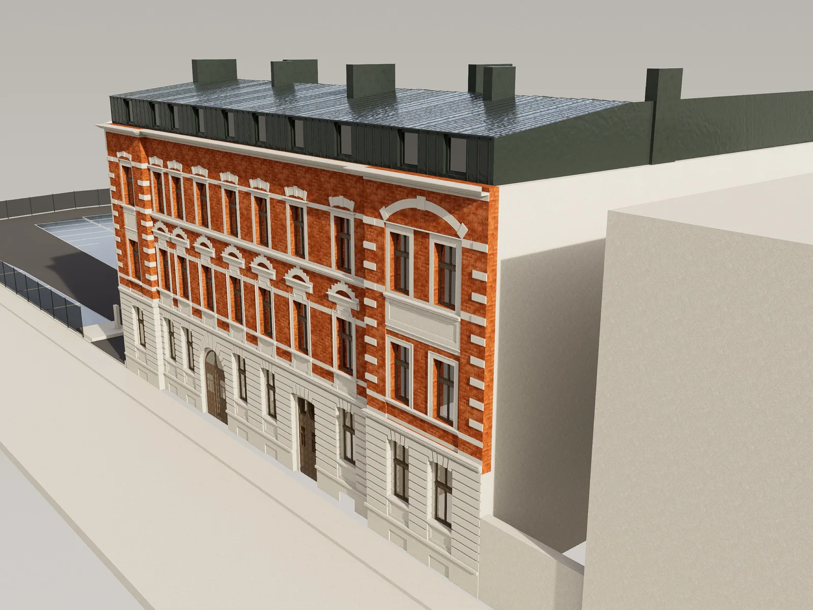 Exterior: Grottgera 5 elevated angle facade render showing restored brick front with new dormer roof additions and heritage stone detailing