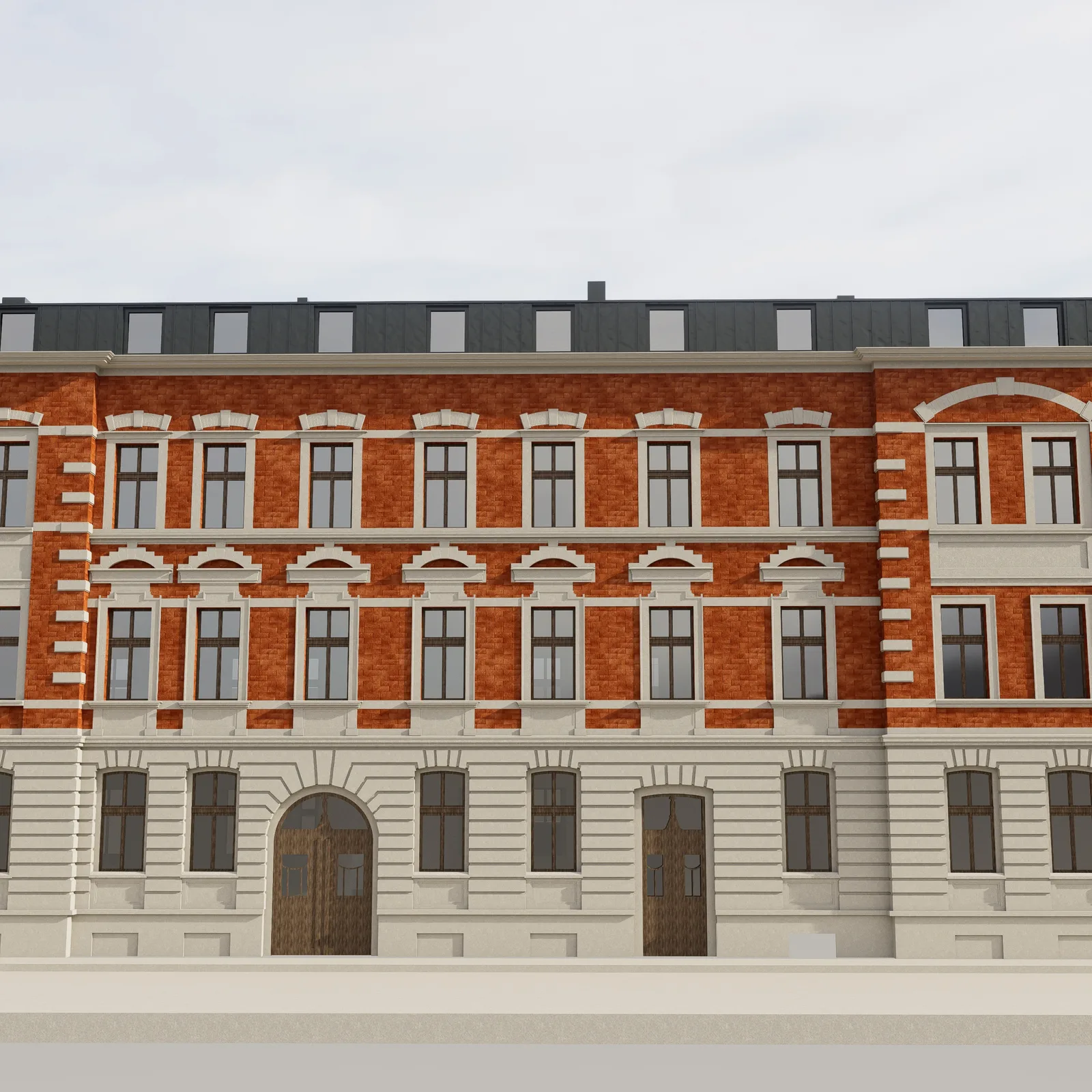 Exterior: Grottgera 5 facade close-up render showing brick restoration detailing, heritage window proportions, and new dormer integration at roof level