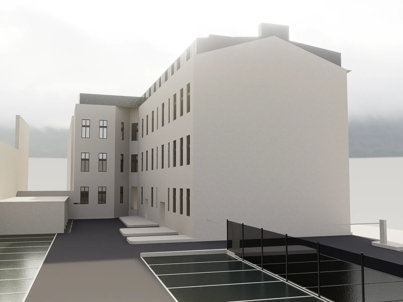 Exterior: Grottgera 5 rear courtyard render showing garden space, rear elevation with balconies, and restored brick walls from courtyard perspective