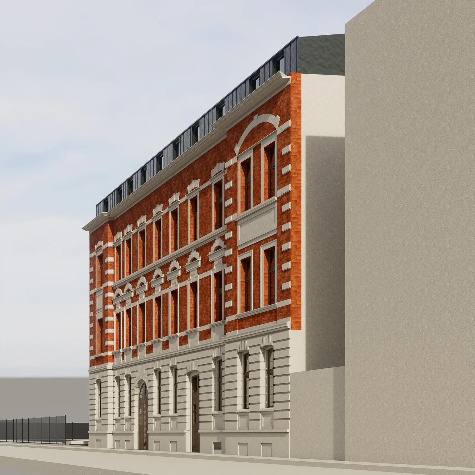 Exterior: Grottgera 5 street perspective render showing the townhouse in its Bydgoszcz streetscape context with neighboring buildings and mature trees
