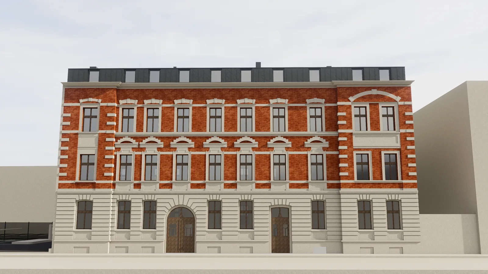 Exterior: Grottgera 5 front facade D5 render showing restored brick townhouse with stone elements, new dormer roof additions, and heritage windows