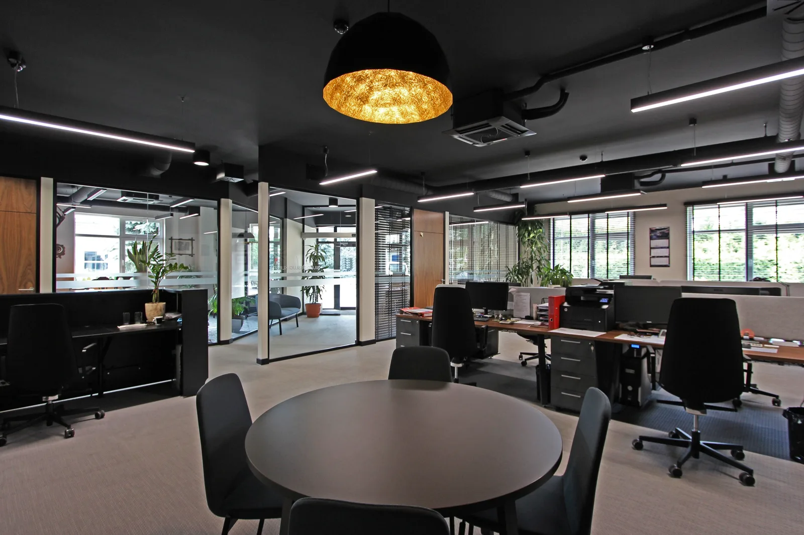 Interior: corridor from reception end showing black reception desk with glass top, ZZ plant, alternating walnut and white panels, and glass partitions