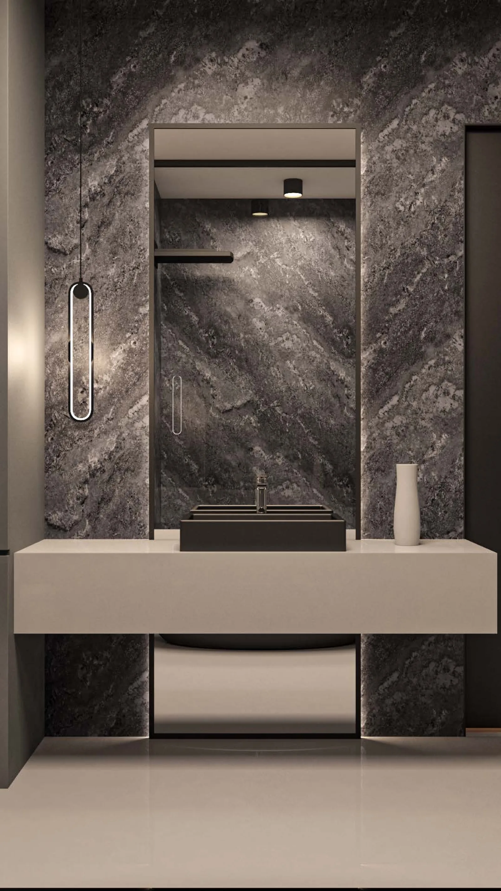 Detail: V3 Nordic bathroom vanity close-up render with dark volcanic stone textured walls, floating white vanity unit, matte black square basin, and elongated pendant light casting warm ambient glow