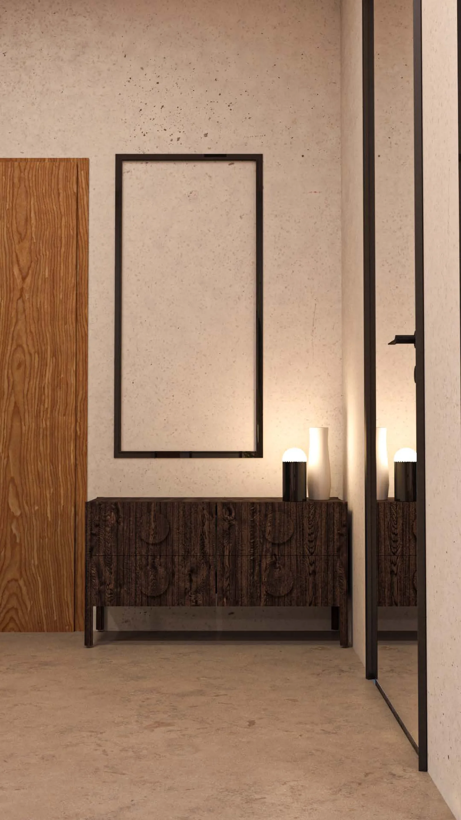 Detail: V3 Nordic walk-in closet render showing the full custom oak system with glass-front display cabinet, open shelving, drawers, and hanging rails in warm timber tones throughout