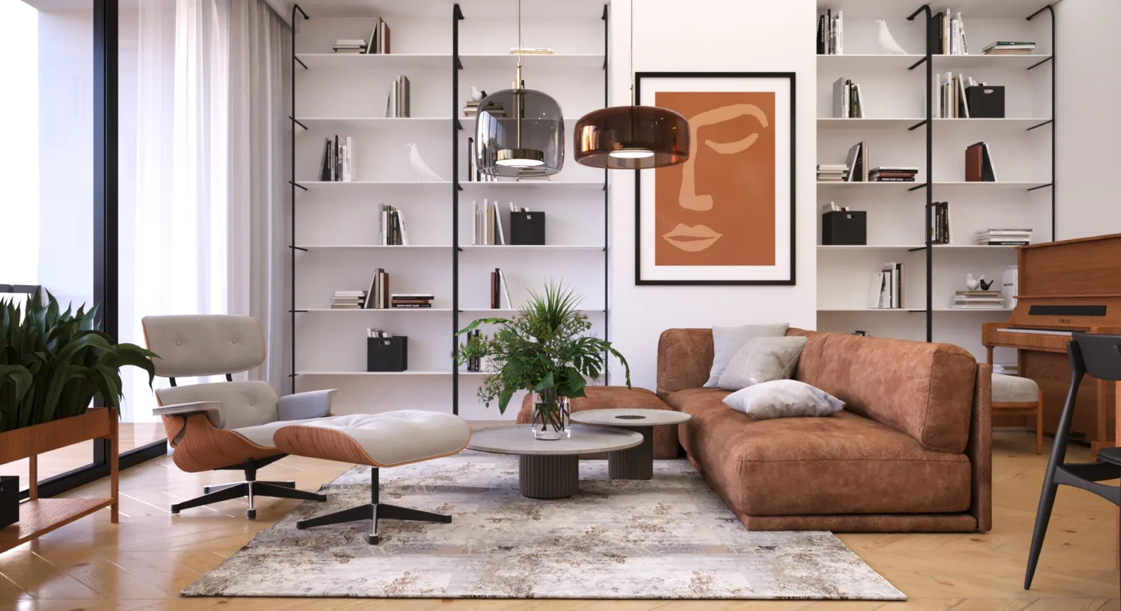 Interior: V3 Nordic kitchen render with full-height oak wall cabinetry system, dark countertop and backsplash, pendant lights, bar stools, and dark shelf column accent element dividing zones
