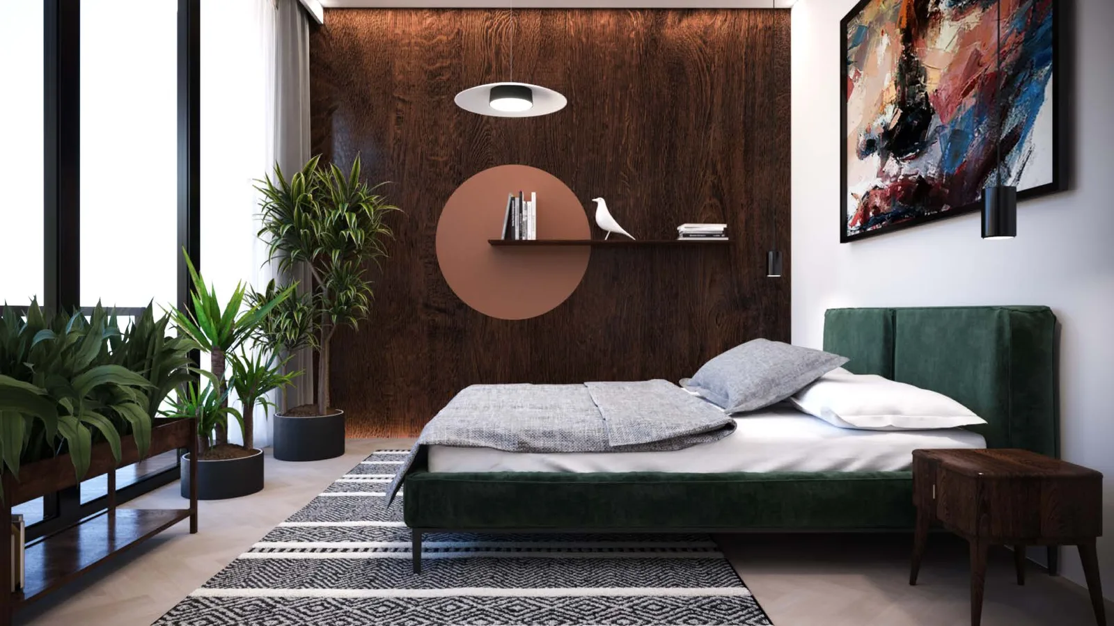 Interior: V3 Nordic bedroom render with walnut bed frame, large landscape painting above LED-lit display shelf, pendant lights, and glass partition wall to the walk-in closet beyond