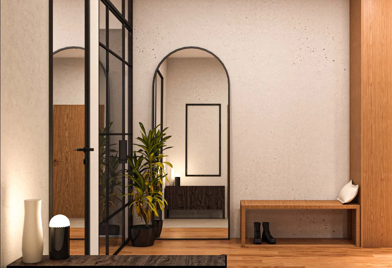 Interior: V1 bathroom render with Calacatta marble walls showing bold grey veining, white freestanding bathtub, black vanity cabinet, and grey stone pedestal basin elements in dramatic contrast