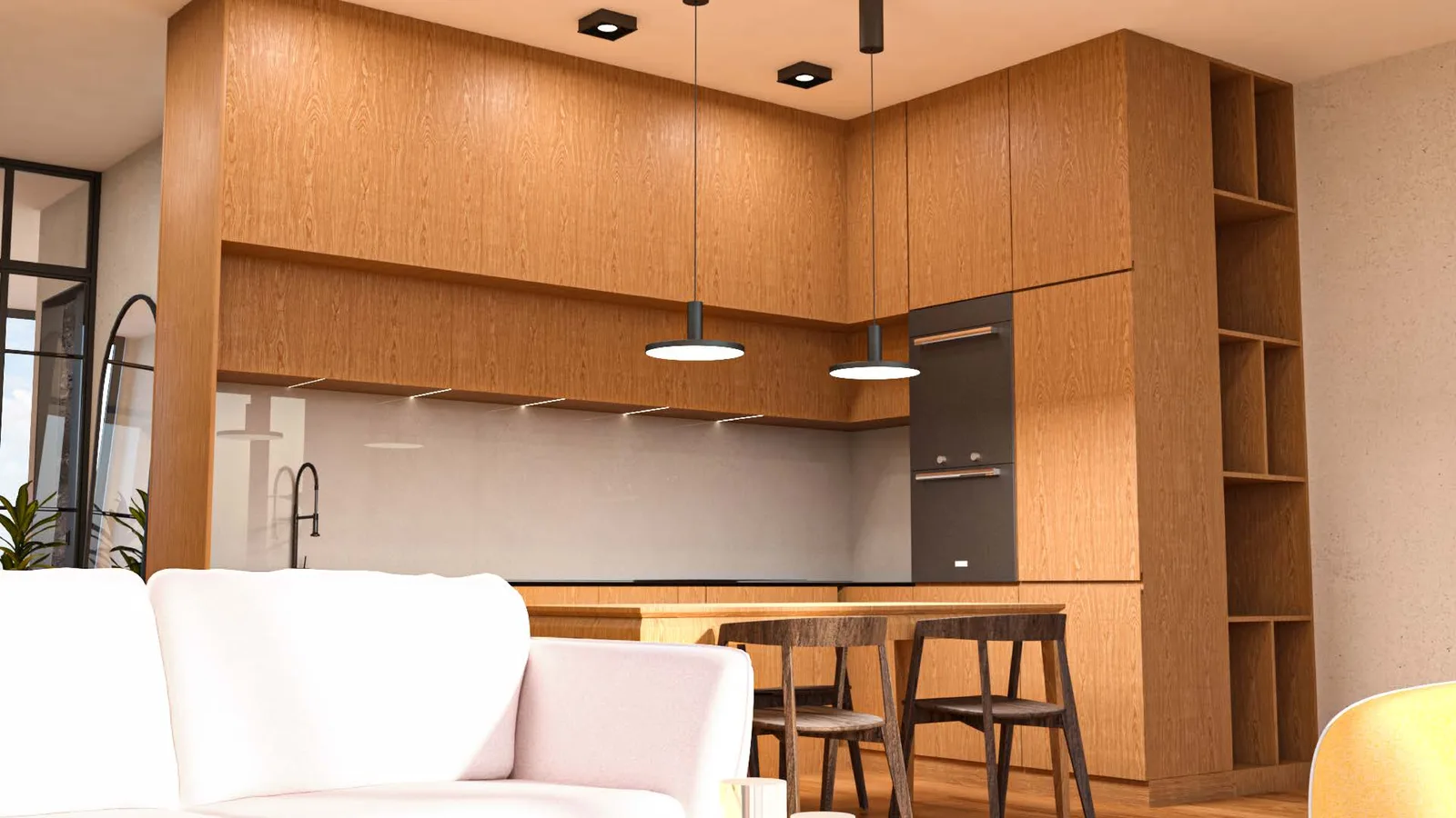 Interior: V2 bedroom render with emerald green velvet upholstered bed, dark walnut headboard wall, large terracotta painted circle motif as signature accent, and Eames bird on display shelf