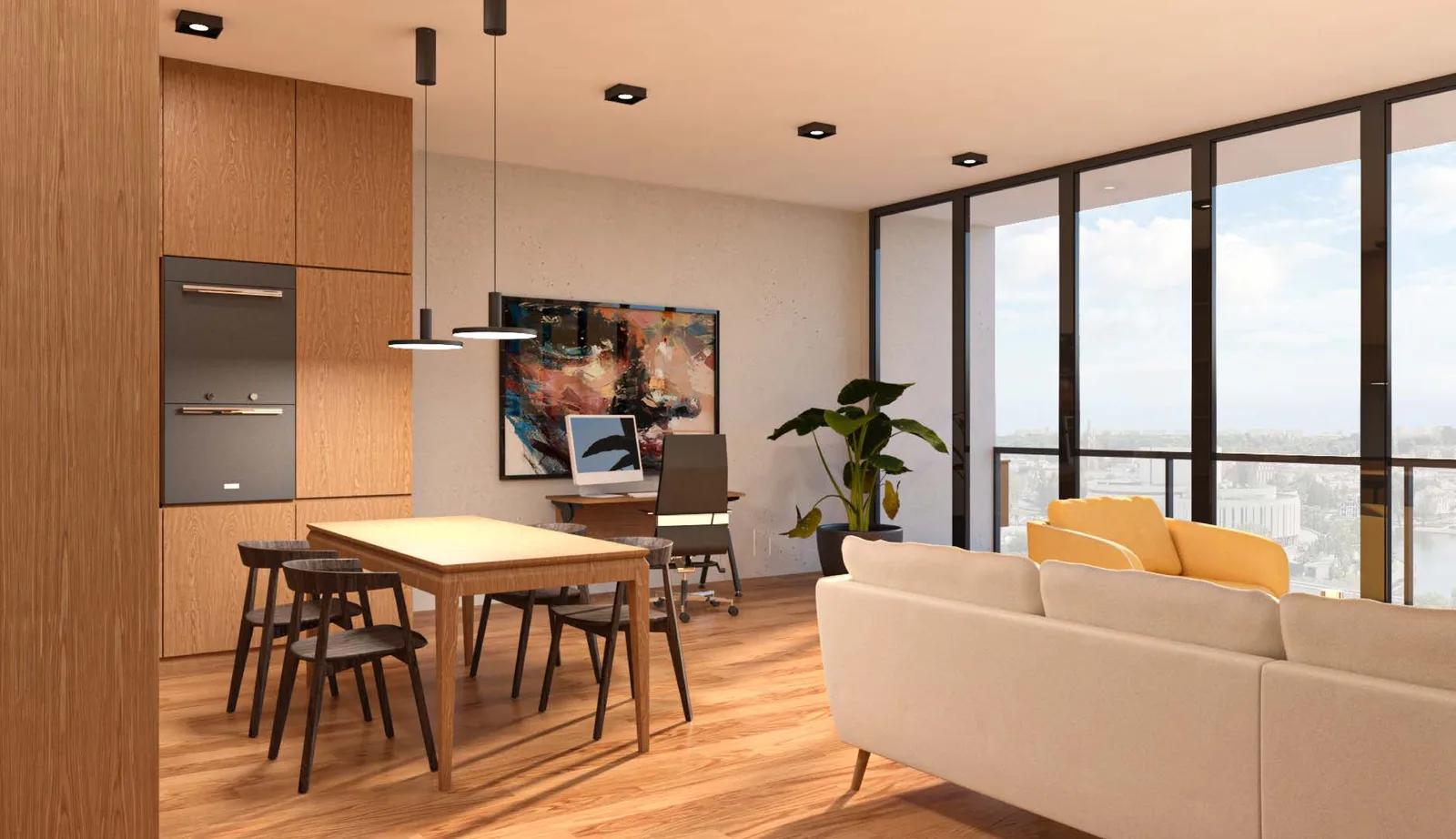 Interior: V2 entrance render with arched mirror niche, green velvet upholstered bench seat, walnut-framed doorway, and steel-glass industrial partition to the living space beyond