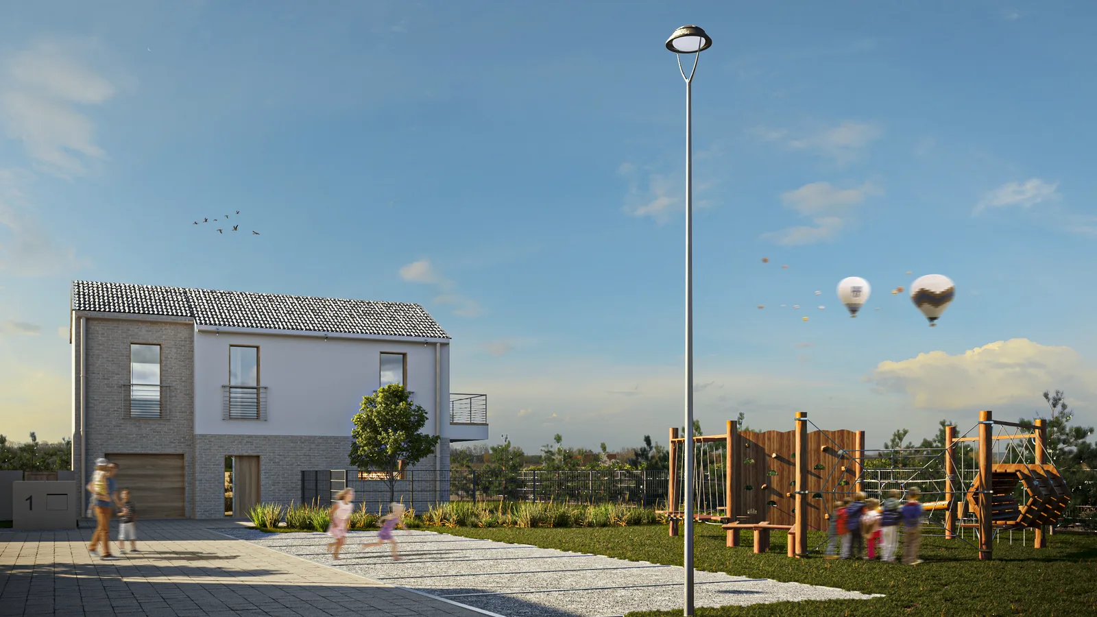 Render of rear garden terrace with intimate dining furniture setup, floor-to-ceiling glazing, pine trees, and semi-detached house pair behind