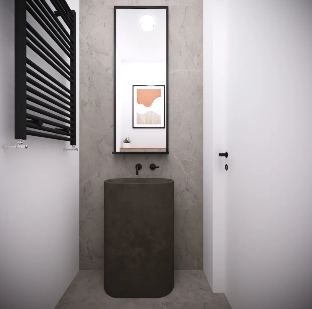 Iteration 3 bathroom vanity render with Calacatta marble walls, concrete floating vanity with integrated sink, black-framed mirror, and pendant light