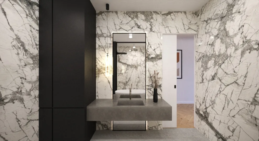 Iteration 3 guest WC render with dark concrete pedestal sink, grey stone walls, black-framed mirror, matte black faucet, and ladder towel radiator