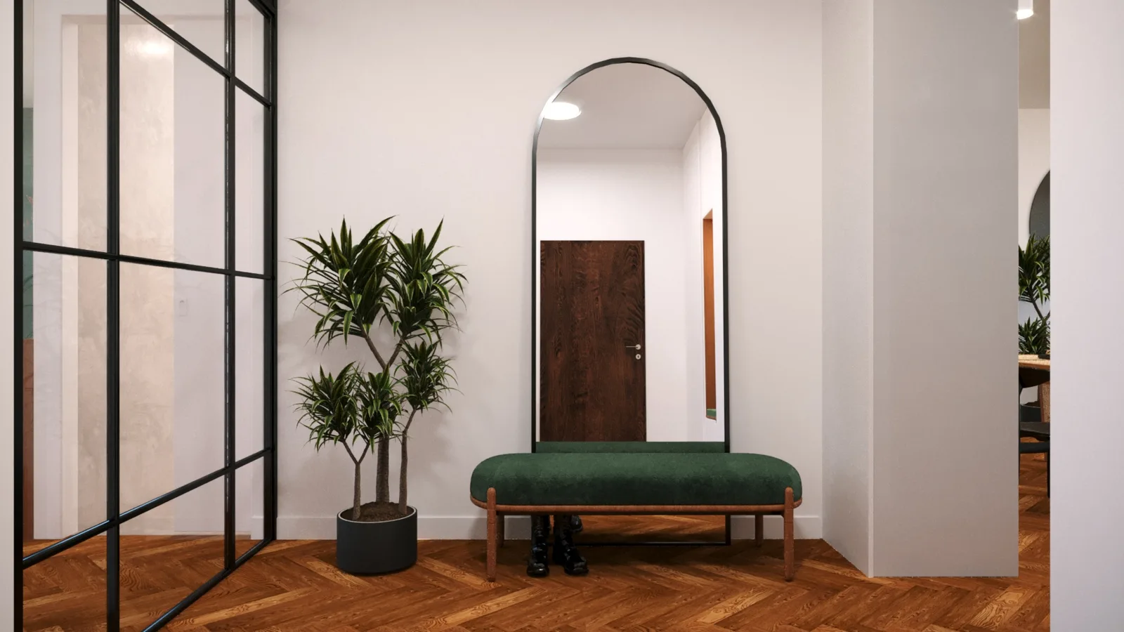 Iteration 2 walk-in closet render with Crittall-style black steel-framed glass doors, warm walnut interior with clothes visible, and boho landscape art