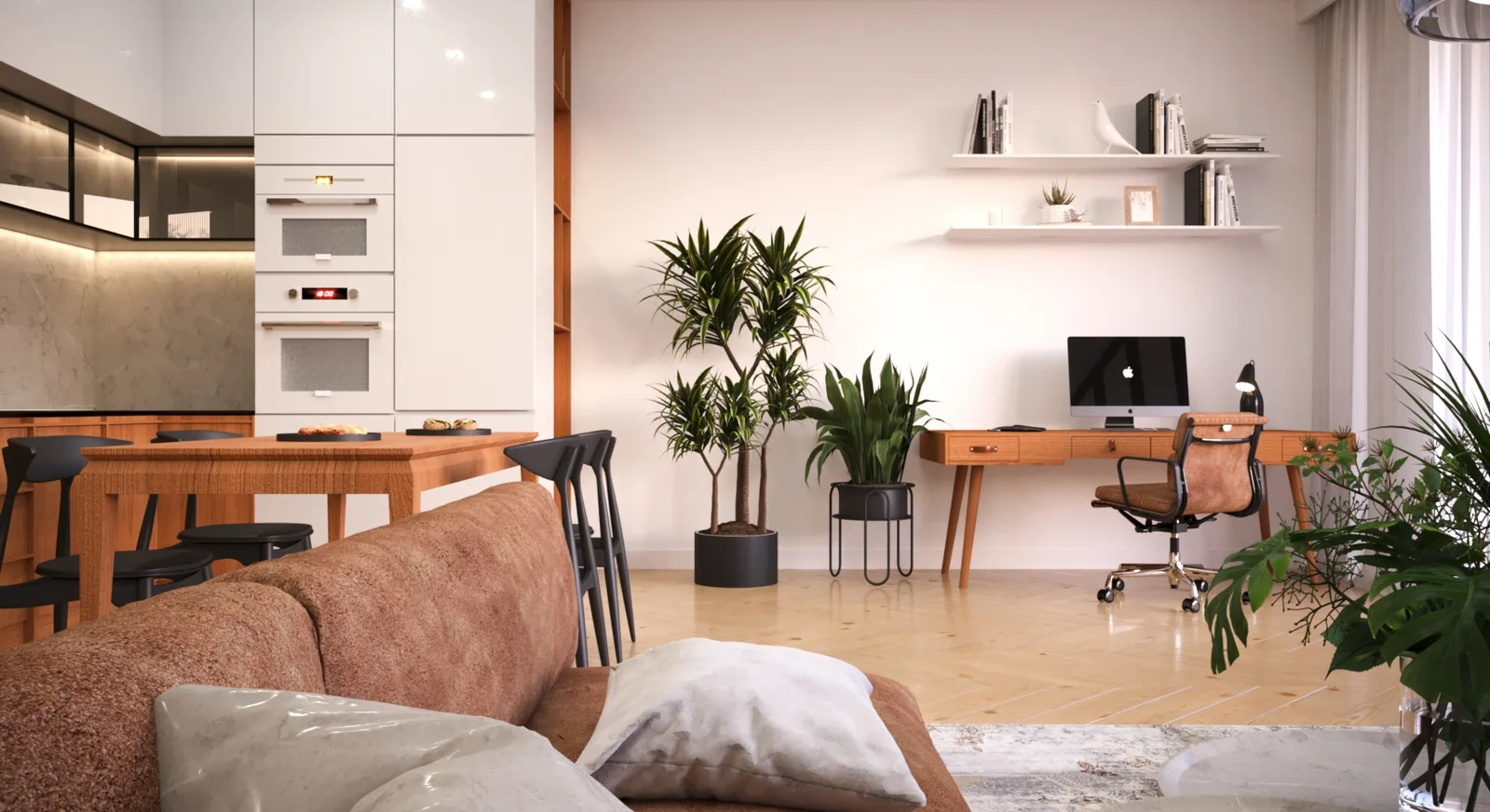 Iteration 2 entry hallway render with arched mirror reflecting walnut door, green velvet bench on wood legs, Dracaena plant, and steel-glass partition