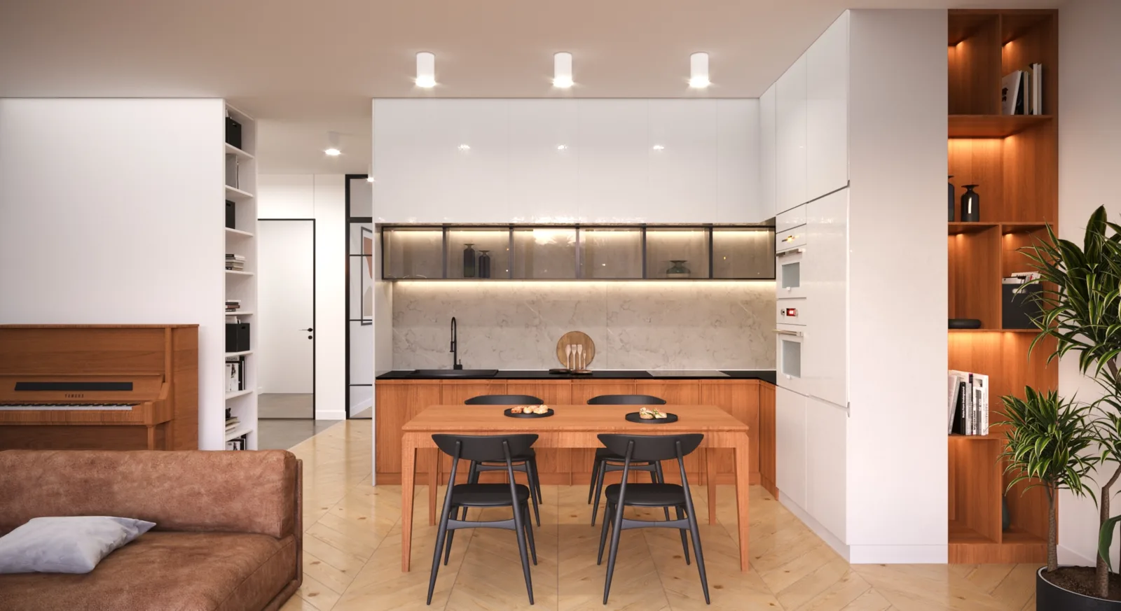 Iteration 3 home office render with clean white walls, white floating shelves, oak mid-century desk with iMac, ergonomic chair, and indoor plants
