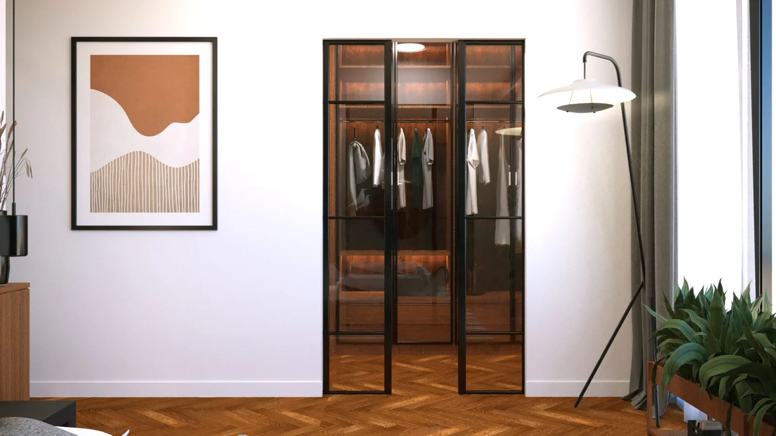 Iteration 1 master bedroom render with dark walnut feature wall panel, green velvet bed, circular terracotta niche with Eames House Bird, and abstract painting