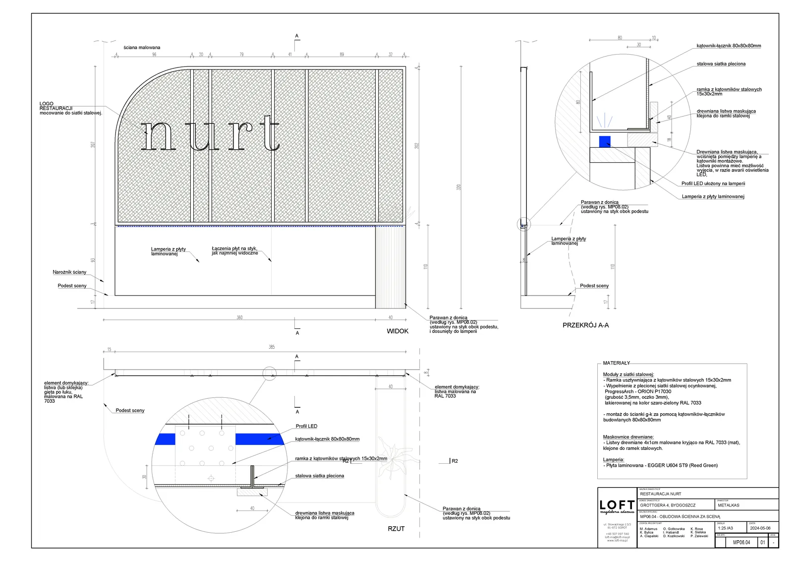 Drawing: feature wall construction detail showing living plant wall frame, expanded mesh panel dimensions, lighting positions, and material junction details