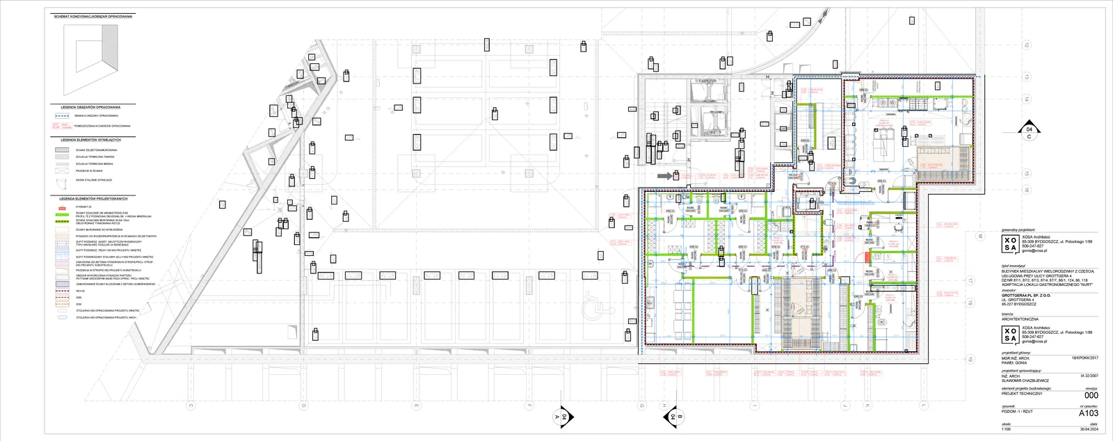 Drawing: wide architectural cross-section through NUURT restaurant showing Level 0 dining hall, bar zone, kitchen, and connection to Level minus 1 below