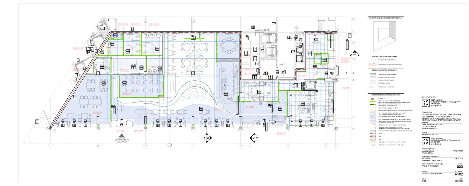 Drawing: wide architectural cross-section through NUURT restaurant showing spatial relationships between dining zones, ceiling heights, and feature wall treatments