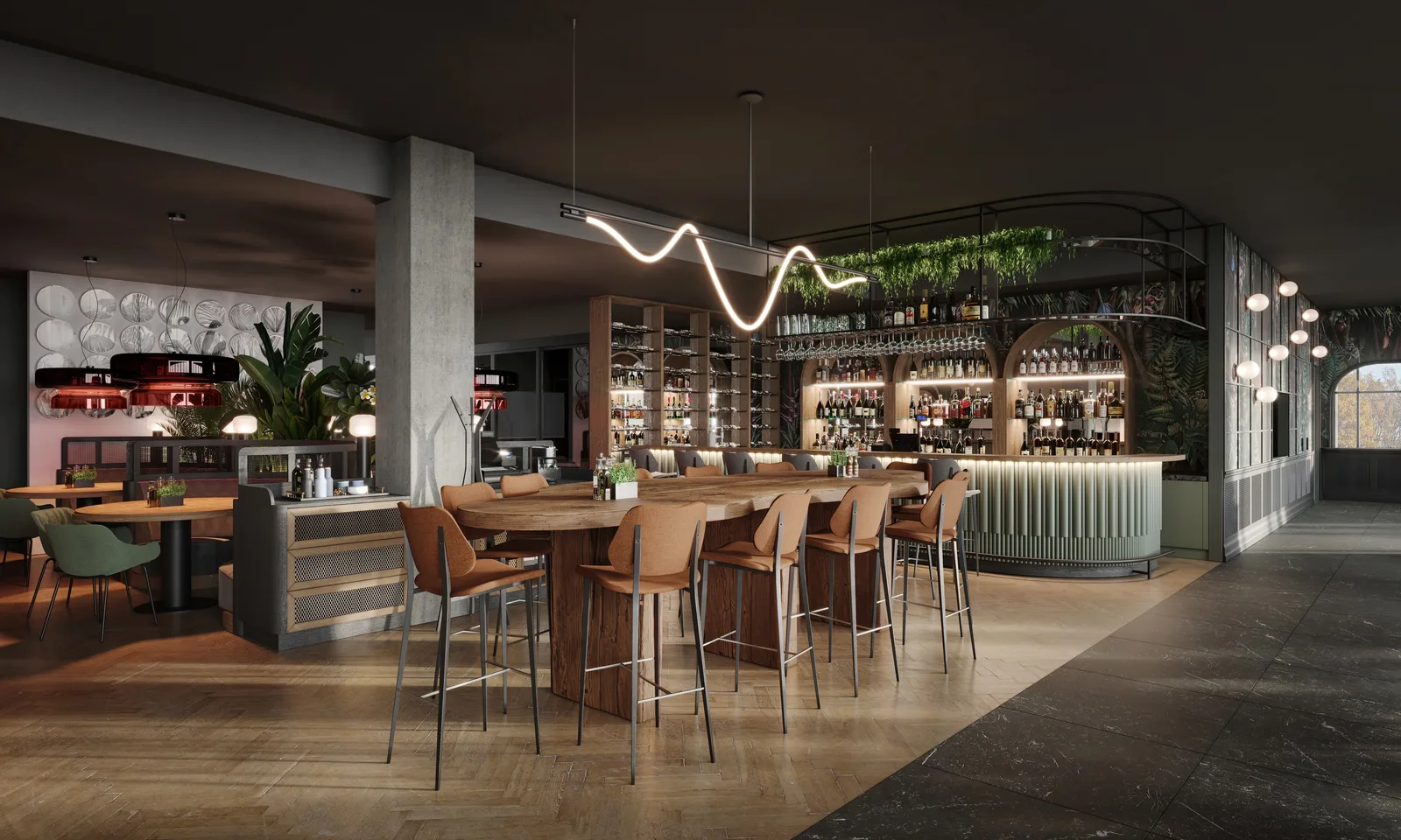Render: NUURT restaurant interior concept showing dining hall with bar, botanical green material palette, suspended mesh installation with plants, and warm atmospheric lighting
