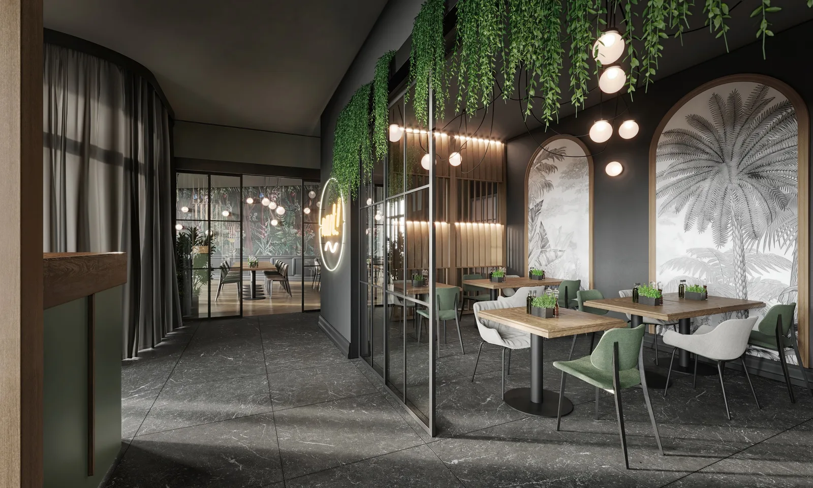 Render: NUURT restaurant bar area concept showing suspended bottle-and-glass shelf, communal high table, expanded mesh installation with living plants, and laurel green tile palette