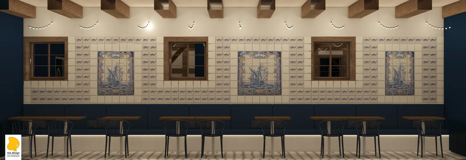 Interior: banquette close-up render with azulejo tile panels, porthole door detail, custom upholstered seating, and the massive half-timber Y-column visible creating the organic structural canopy