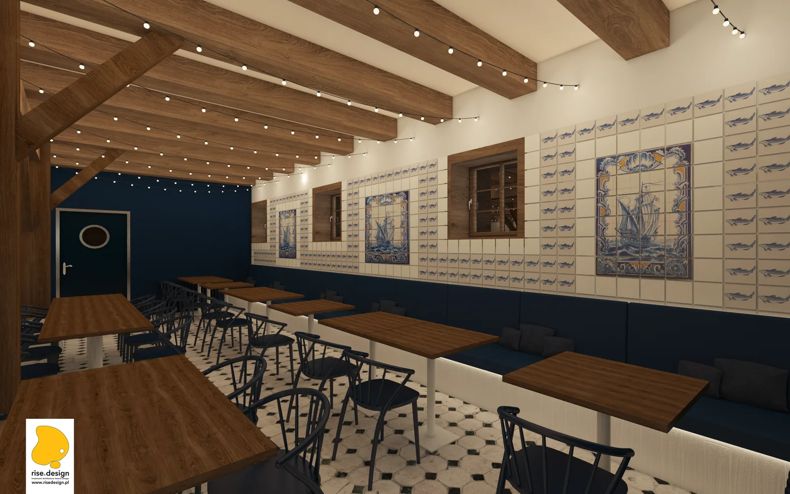 Interior: aquarium end view render showing the glass-enclosed water channel between timber Y-columns with dining tables on both sides and festoon string lights in the 190-year-old heritage granary