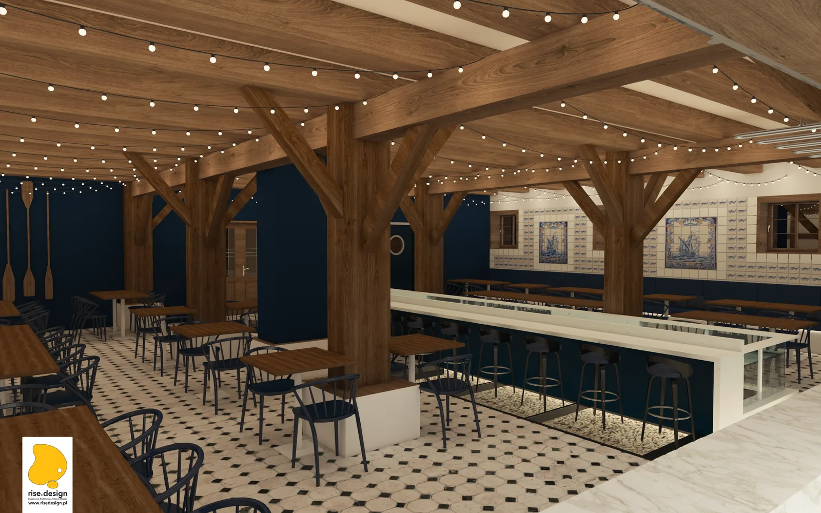 Interior: full dining room perspective render with central glass aquarium centrepiece, azulejo sailing ship tile murals, half-timber canopy Y-columns, festoon string lights, and warm golden atmosphere