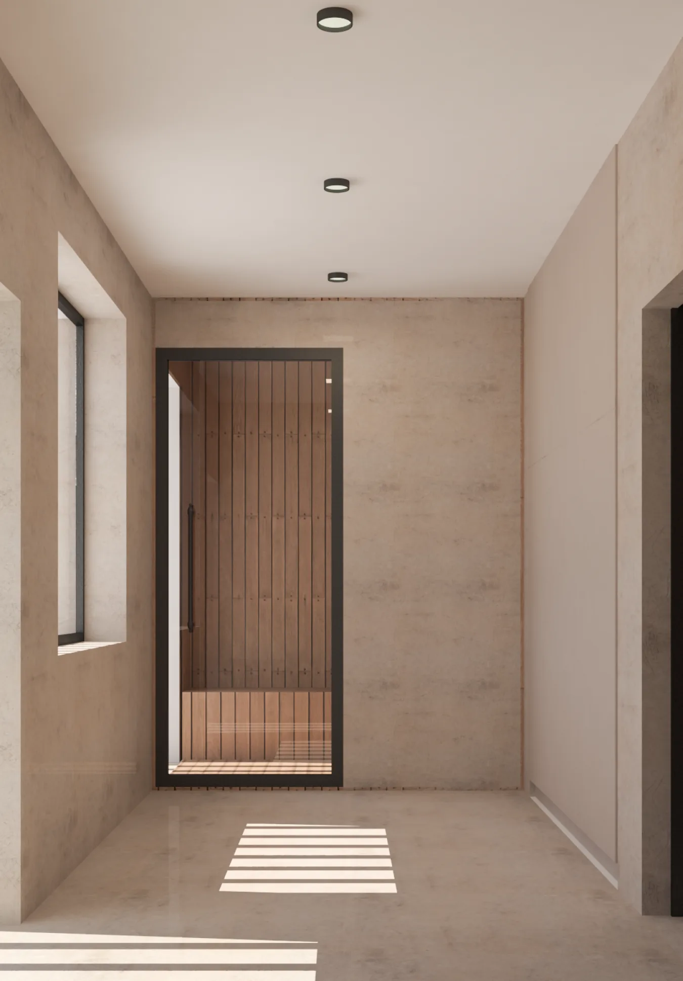 Interior: sauna anteroom render with concrete-effect wall and floor tiles, recessed downlights, vertical wood-slat sauna cabin behind full-glass steel-framed door, and natural daylight from side window