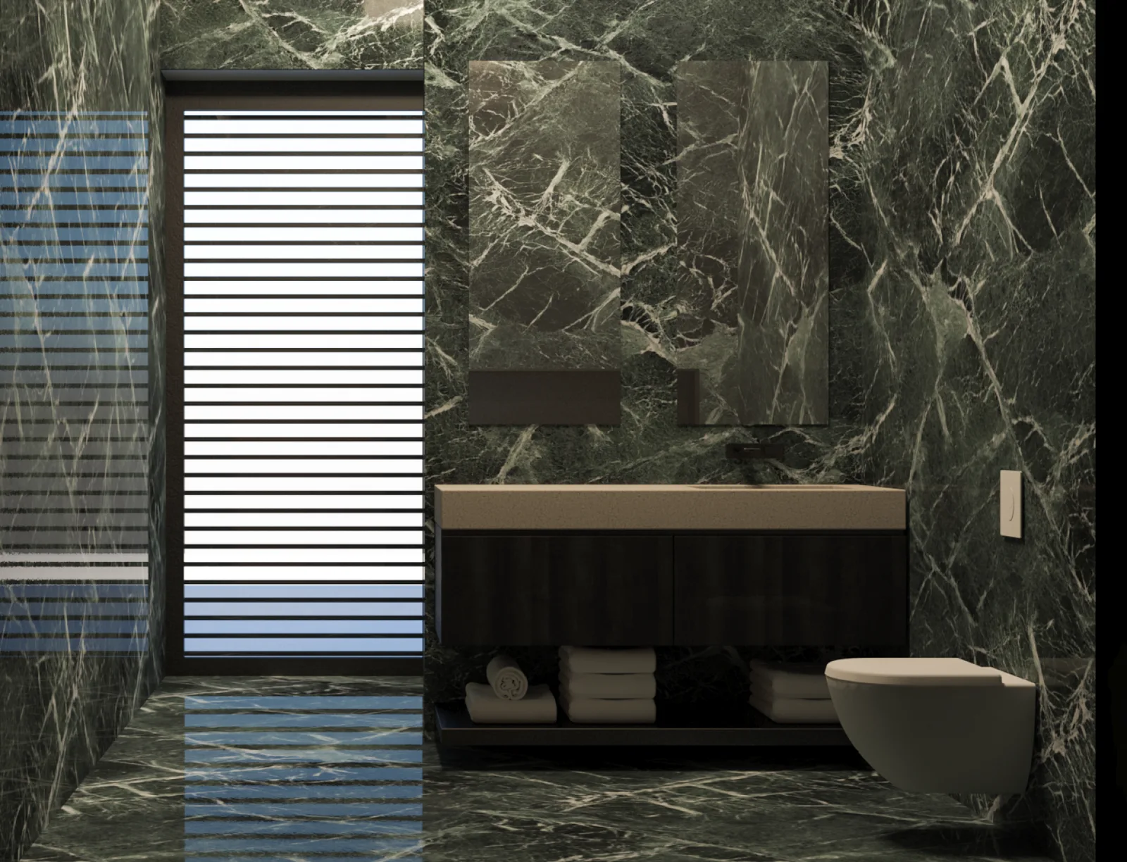 Interior: green marble bathroom render with floor-to-ceiling dramatically veined green stone cladding, wall-mounted brass faucet, floating vanity with open storage, wall-hung WC, and horizontal blinds