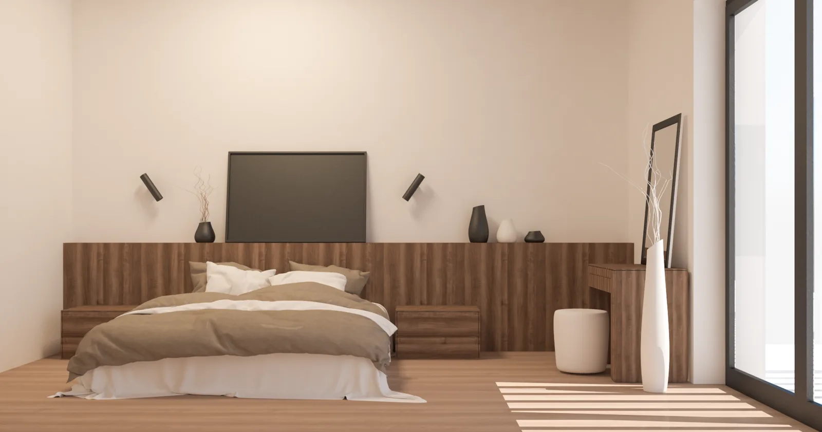 Interior: master bedroom render with full-width walnut headboard wall panel, integrated bedside shelves, warm neutral bedding, wall-mounted reading lights, and floor-to-ceiling window with garden view