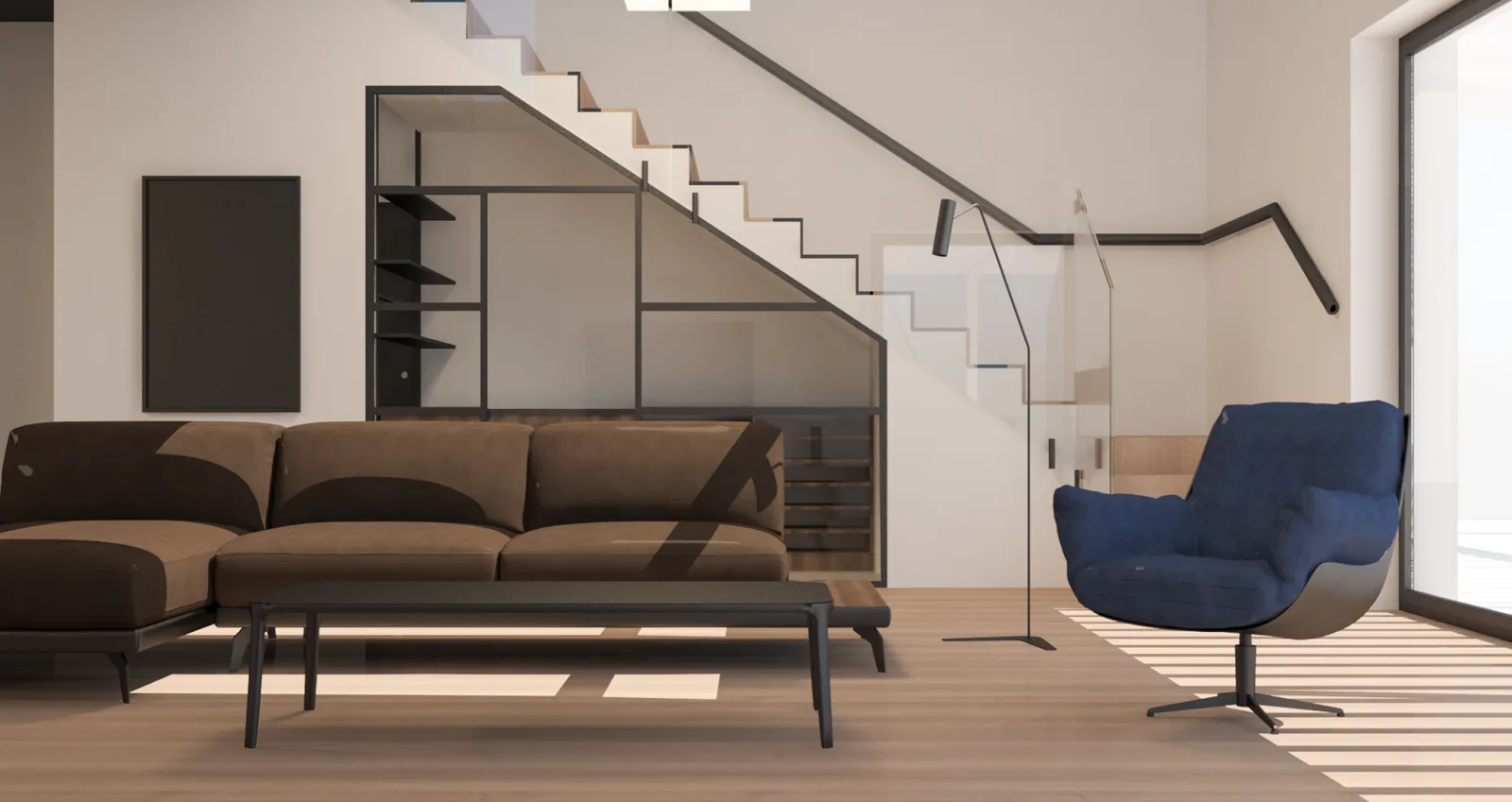 Interior: living room render with brown leather sofa, blue designer lounge chair, open staircase with glass balustrade, under-stair built-in storage shelving, and oak parquet flooring