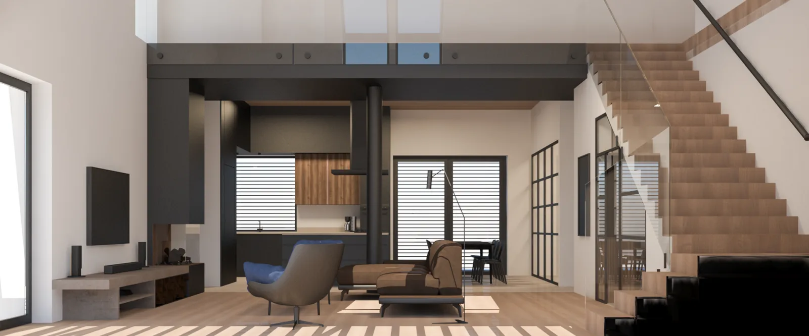 Interior: double-height living space wide-angle render showing open oak staircase, dark anthracite kitchen zone with island, Crittall-style glass partition, and herringbone oak parquet flooring