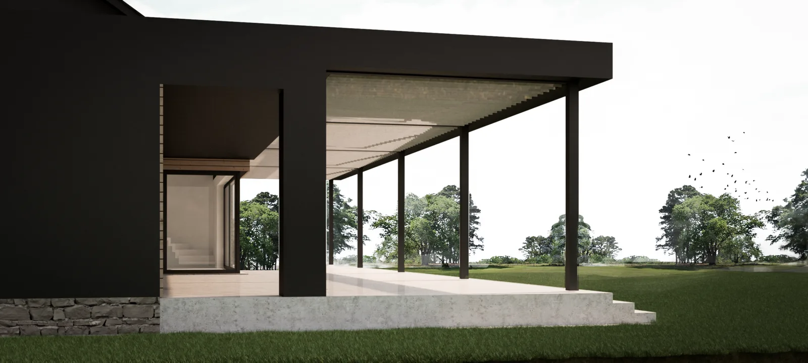 Exterior: rear terrace render showing dark steel pergola with slatted roof extending from main house volume, floor-to-ceiling glazing, standing seam metal gable roof, and garden landscape