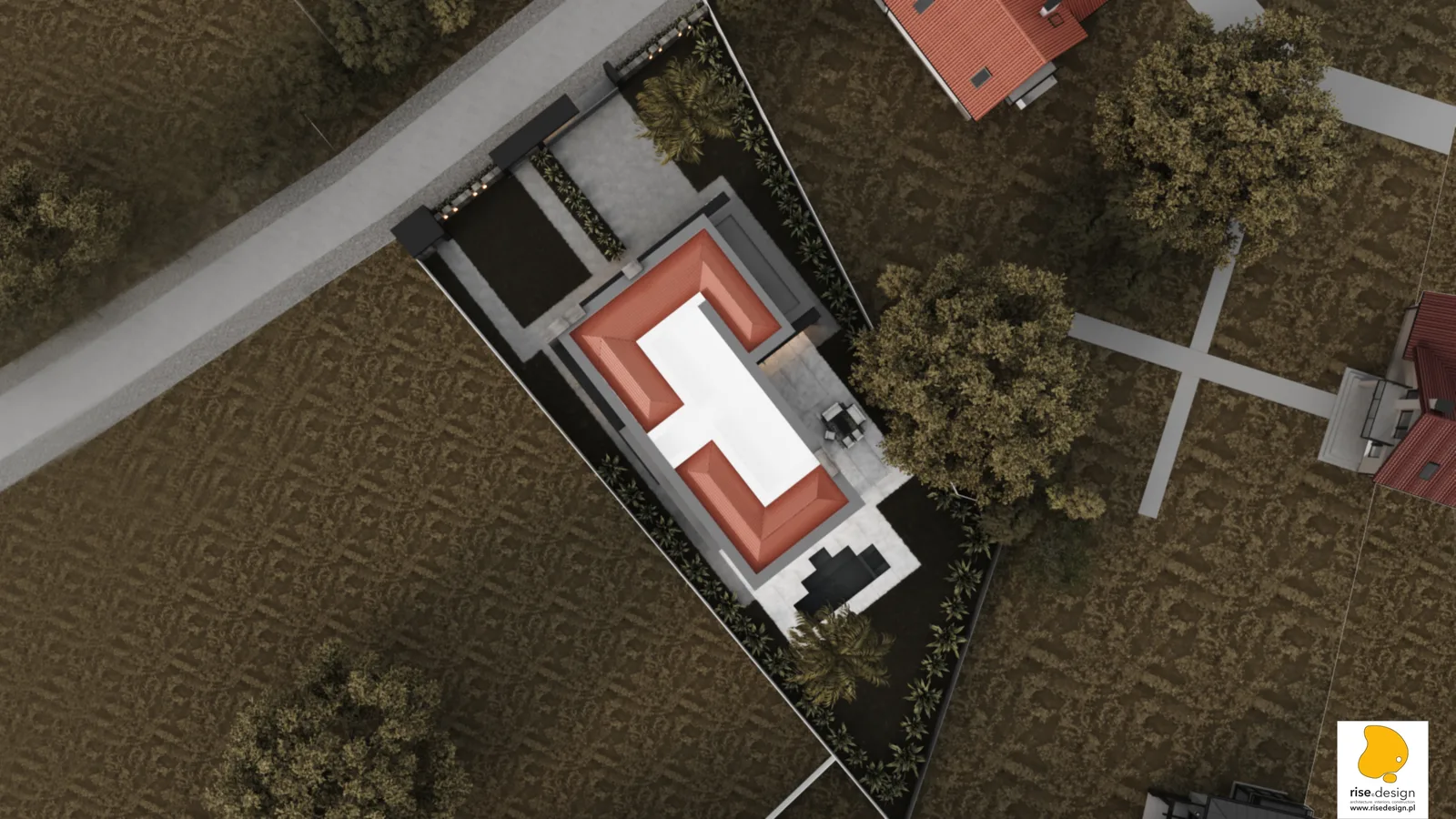 Gallery: aerial bird's-eye render showing the full house and garden composition on the triangular plot with geometric pool, fire pit zone, timber deck paths, and suburban context of neighboring pitched-roof houses