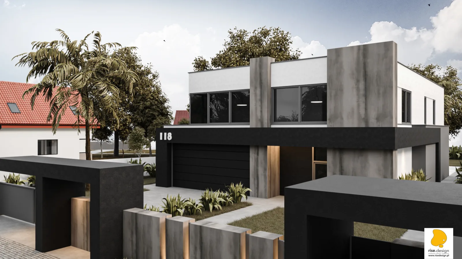 Gallery: rear terrace render with outdoor dining furniture under covered pergola, pool visible beyond, large-format stone paving, and full-height glazing revealing open-plan interior living space