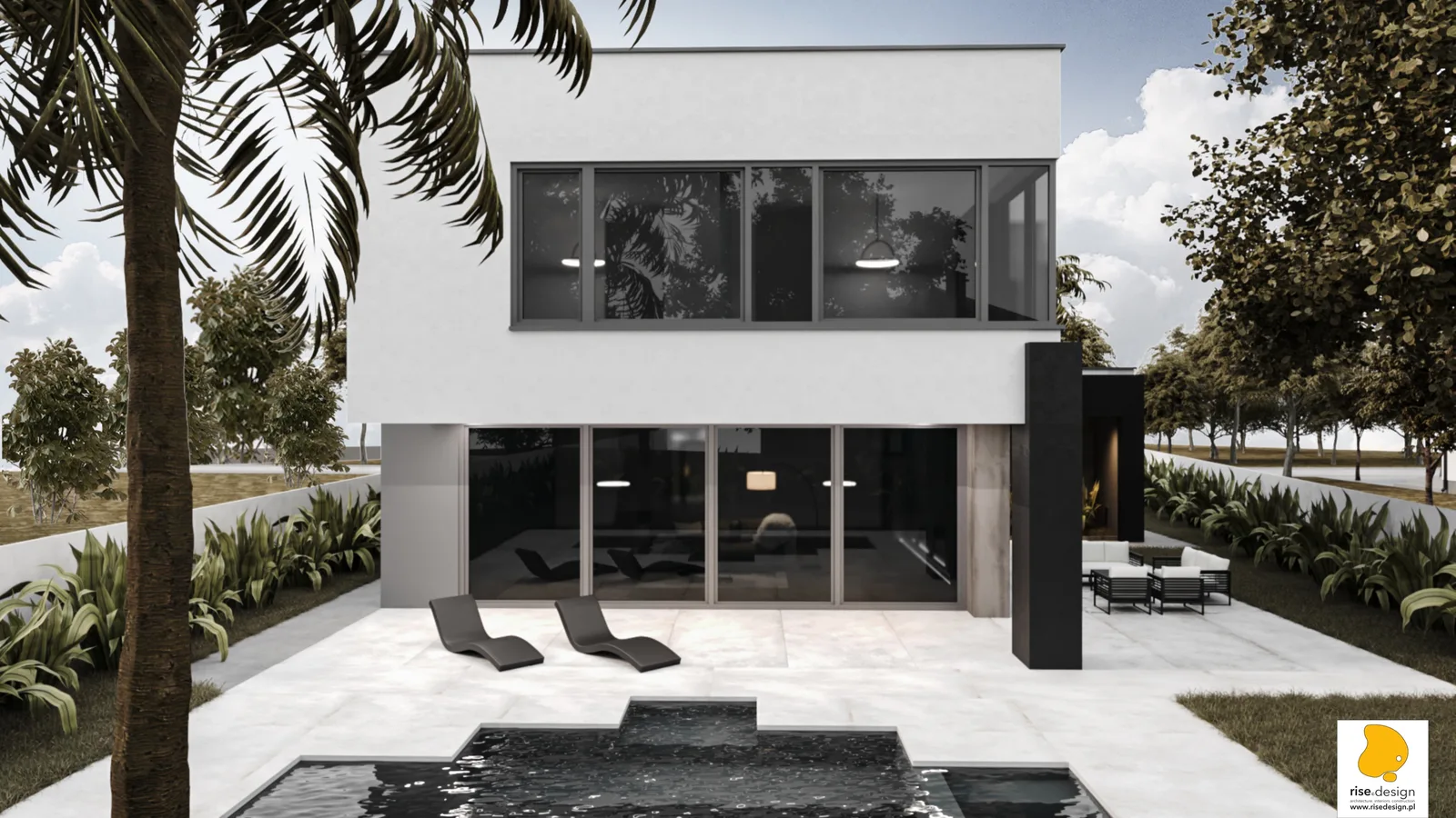 Gallery: garden perspective render with cross-shaped swimming pool in foreground, light stone deck surround, contemporary sun loungers, and house rear elevation with full glazing wall