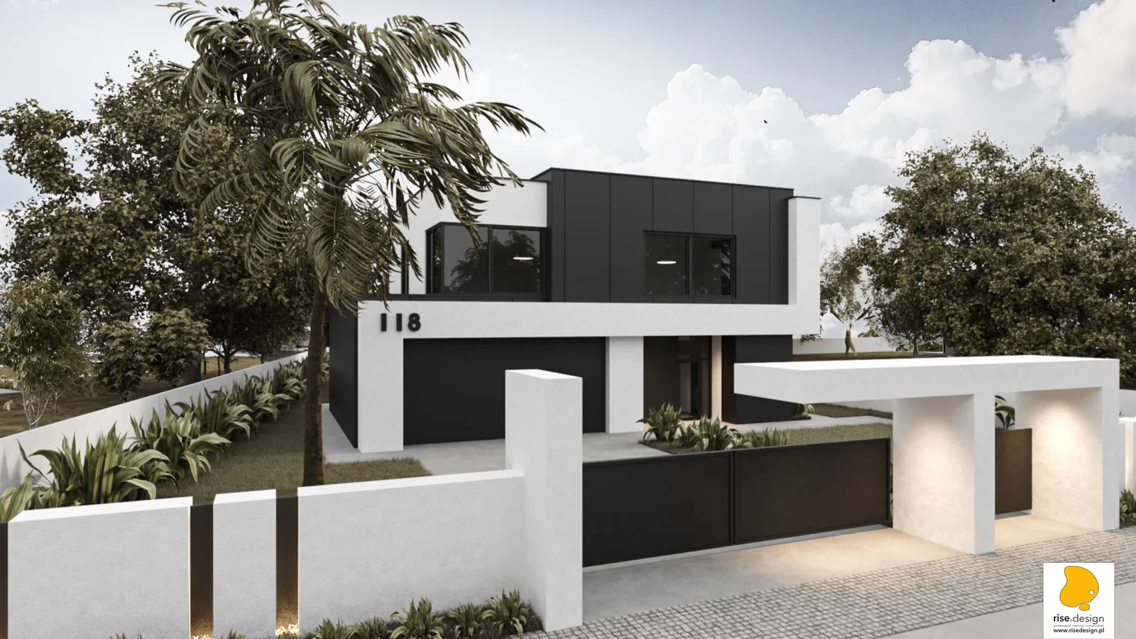 Gallery: aerial render from garden end showing full plot utilization with house at narrow street frontage, pool and outdoor zones fanning into wider southern portion of triangular site